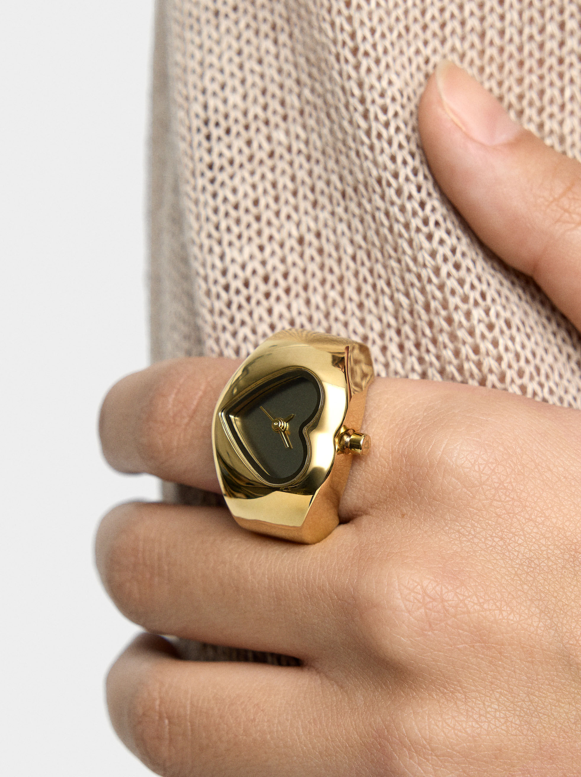 Bague horloge cœur doré - acier inoxydable