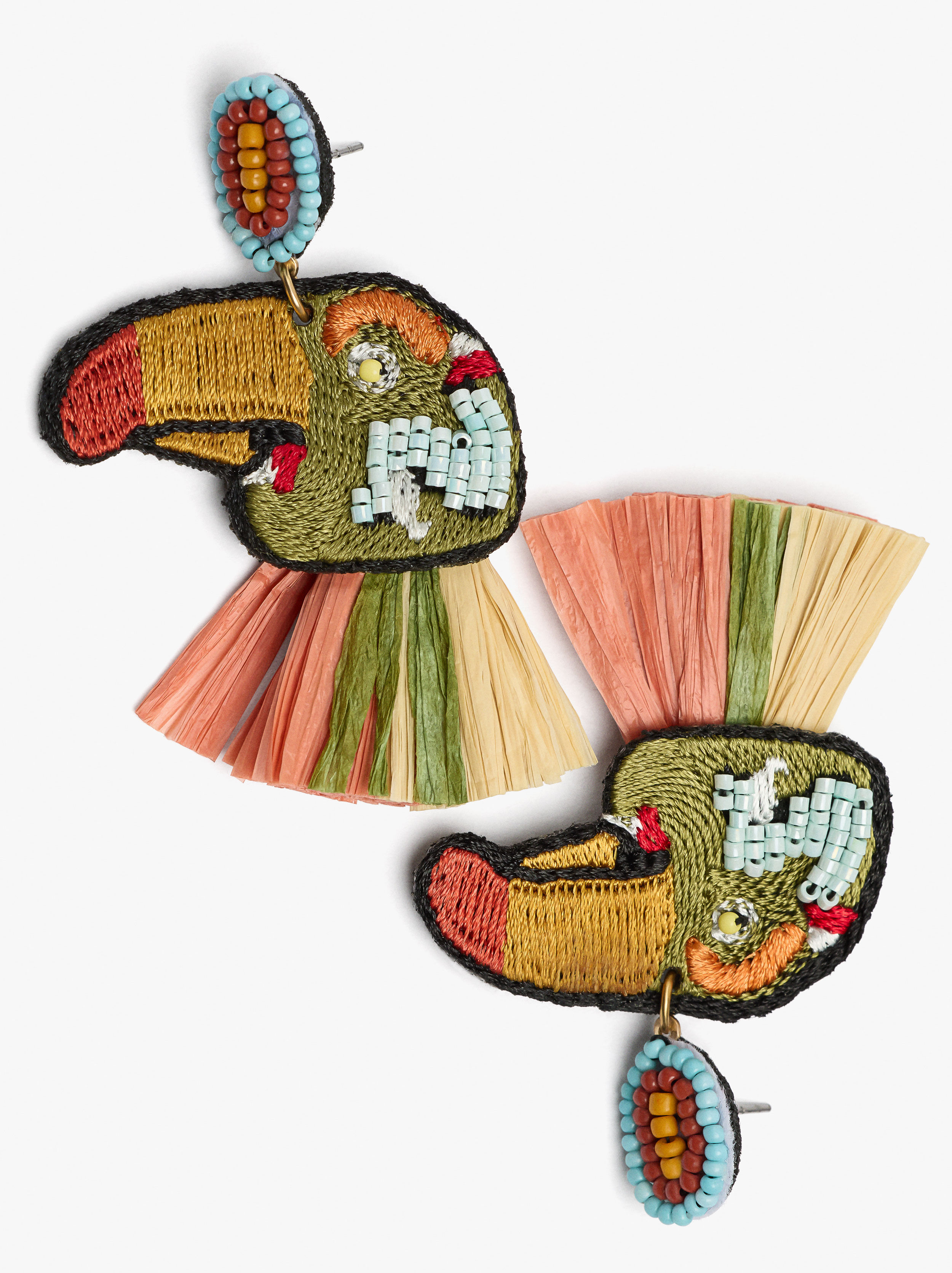 Boucles d'oreilles maxi en forme d'oiseau avec raphia
